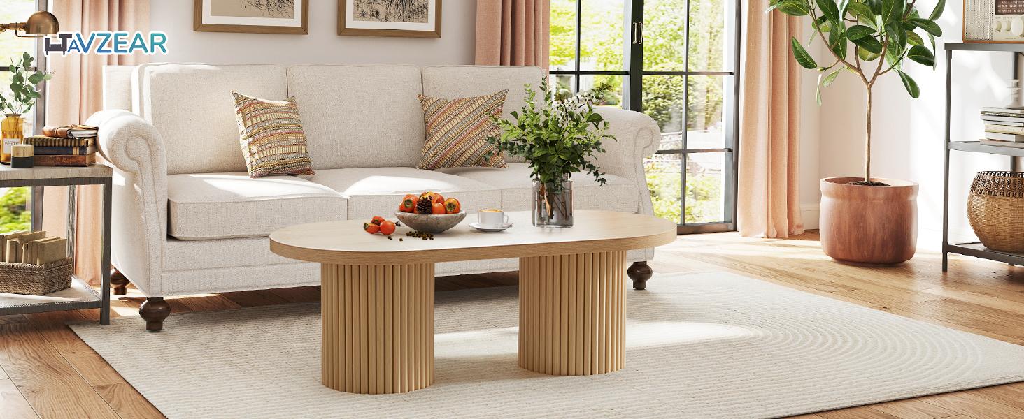 Giratree 39.38" Fluted Oval Coffee Table for Living Room, Boho Modern Coffee Table with Fluted Legs, Curved Round Wood Center Table for Home, Small Spaces, Office