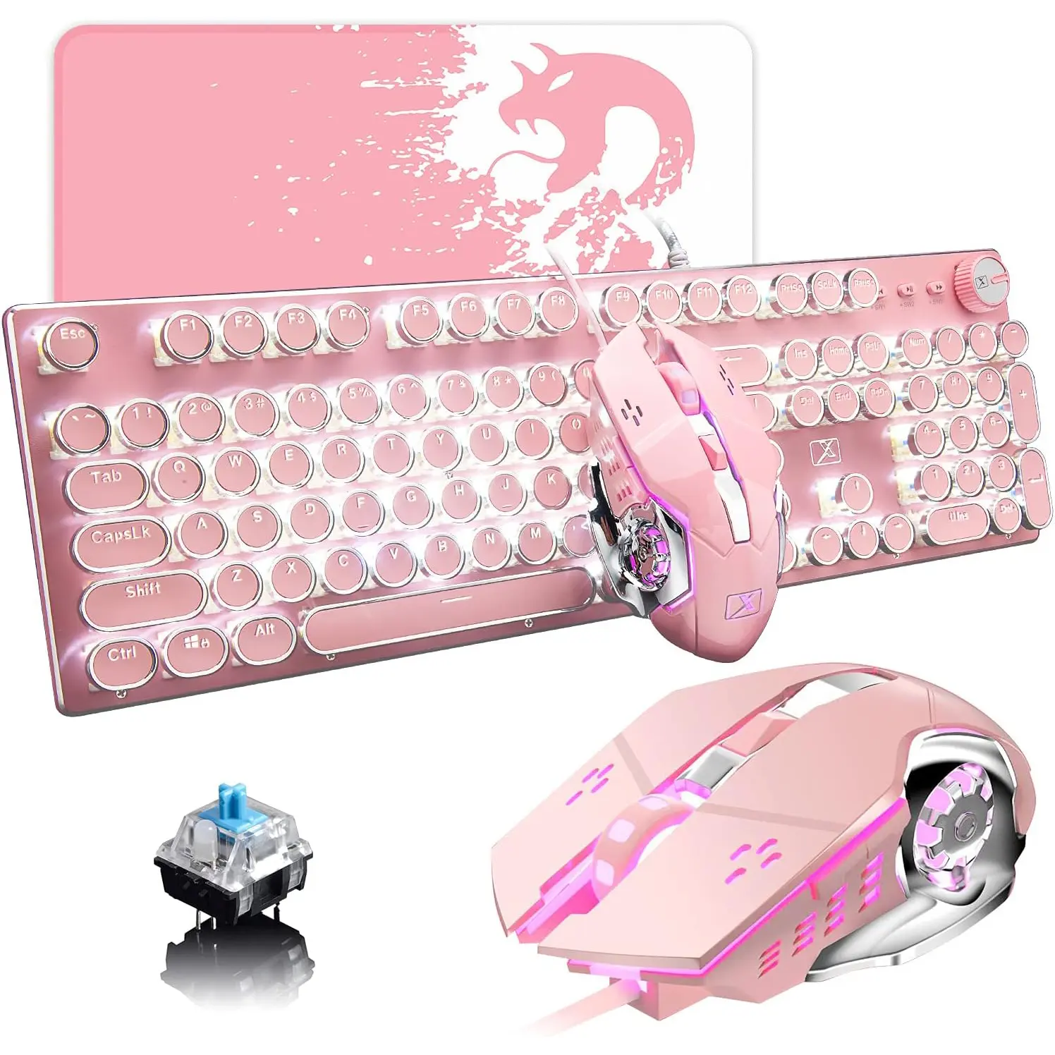 Pink Typewriter Keyboard and Mouse,Retro Vintage Mechanical Gaming Keyboard with White LED Backlit,104 Keys Anti-Ghosting Blue Switch Wired Cute Keyboard,Round Keycaps for Desktop PC/Laptop Mac office desk accessories tiktokshopbacktoschool