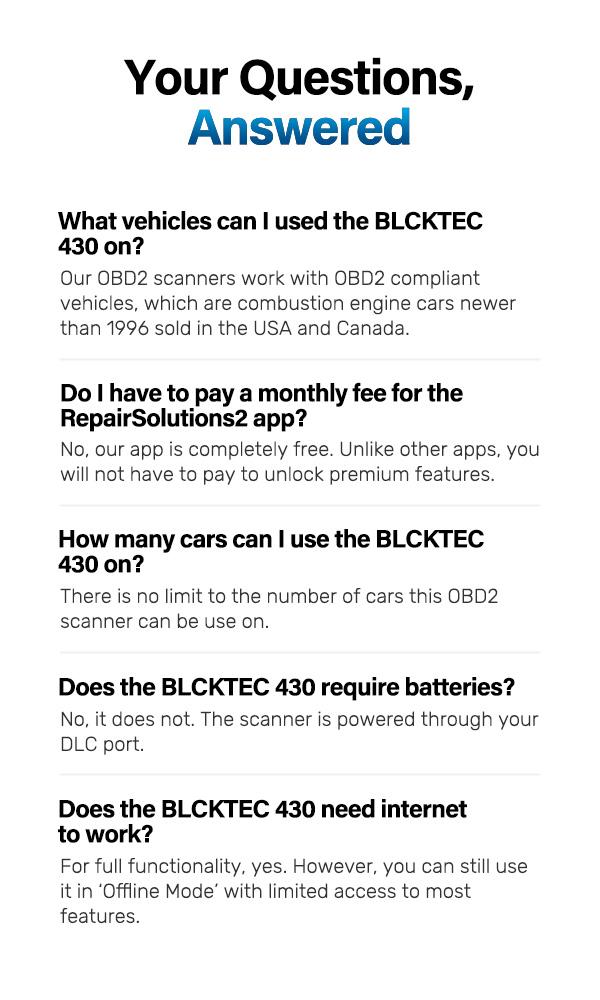 BLCKTEC 430 Bluetooth OBD2 Scanner, No Subscription Fee, OBDII Car Code Reader Diagnostic Tool, Diagnose Check Engine, ABS, SRS, TPMS & More, Live Data, Full System Scan, Supports USA/Canada Vehicles 1996+