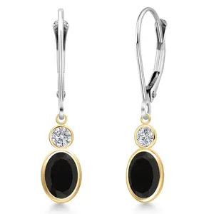 Gem Stone King 14K Two Tone Gold Black Onyx and Lab Grown Diamond Dangle Earrings for Women | 1.62 Cttw | Gemstone December Birthstone | Oval 7X5MM
