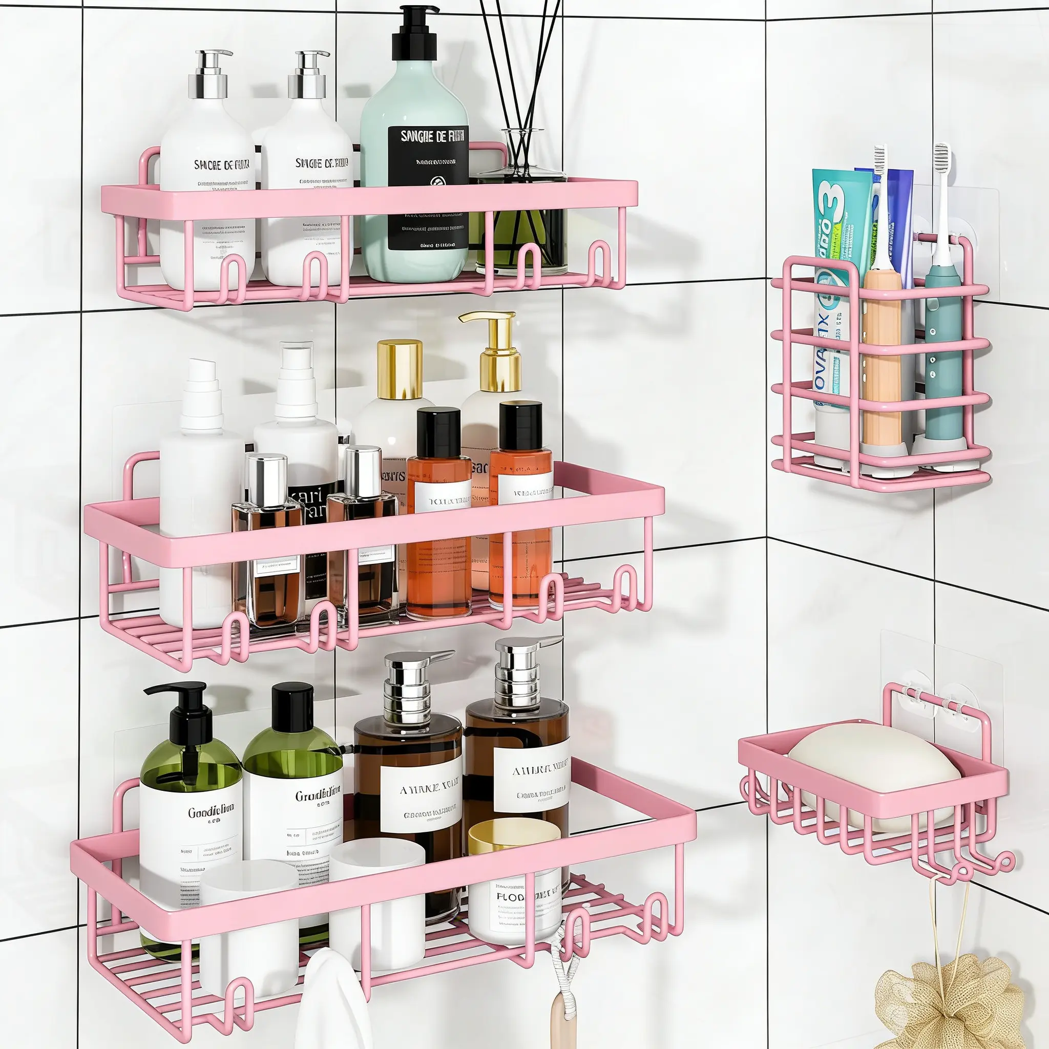Pink 5-Piece Eco-Friendly Modern Stainless Steel Bathroom Decor Set - Wall-Mounted Self-Adhesive Triangle Caddy, Durable Shower Organizer, No Drilling Required, Renters-Friendly Storage for Shampoo/Conditioner