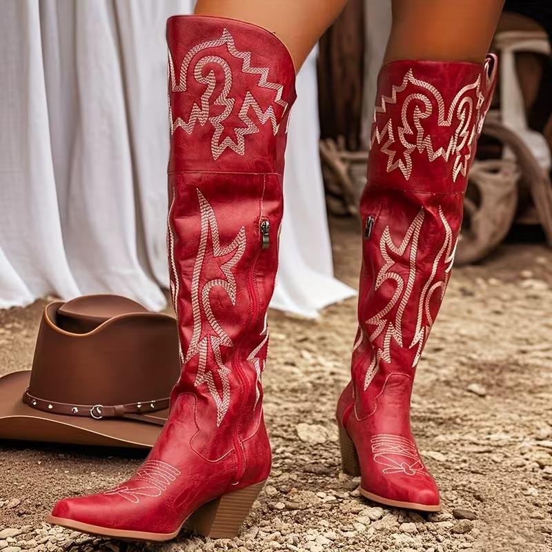 Women's Western Boots Knee High Tall Cowboy Boots Women Vintage Embroidered Pointed Platform Western Cowgirl Boots Fashion Square Toe Chunky Heel Waterproof Faux Leather