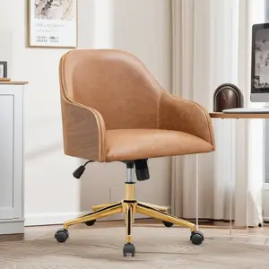 Genuine Leather Office Desk Chair, Adjustable Height Small Modern Comfortable Walnut Vanity Chair, Gold Legs Mid Back 360 Swivel for Home Office, Bedroom, Study, Meeting Room