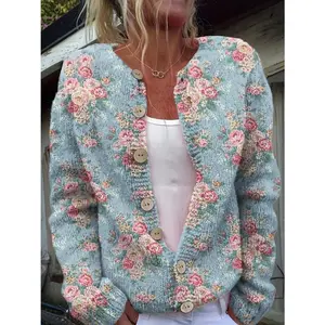 Plus Size, Women's Light Blue Floral Print Cardigan Sweater Coat - Soft Polyester Blend All-Season Lightweight Jacket with Front Button Closure, Long Sleeve Casual Outerwear, Pastel Spring Colors (Pink/Green/Blue/Purple) for Everyday & Form