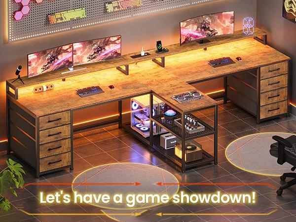 SEDETA 94.5 Inch 2 Person Gaming Desk Long Office Computer Desk with LED Lights 8 Storage Drawers Power Outlet