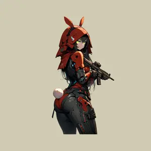 Red Bunny Cyber Girl Sticker, Futuristic Tactical Suit, Cute & Deadly Aesthetic