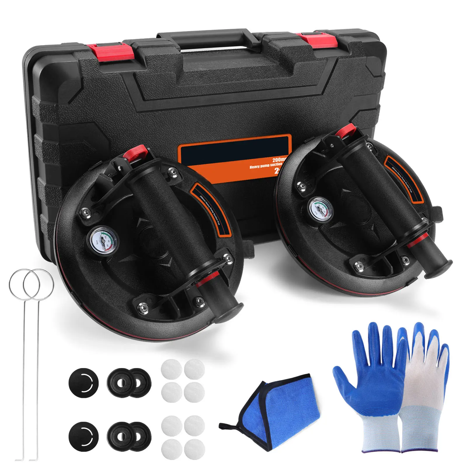8" Heavy Duty Suction Cups with Pressure Gauge, Glass Suction Cups to Lift Large Glass, 2 Pack 880 lbs Load Capacity, Suction Cups with Carrying Case for Window,Tiles, Windshield