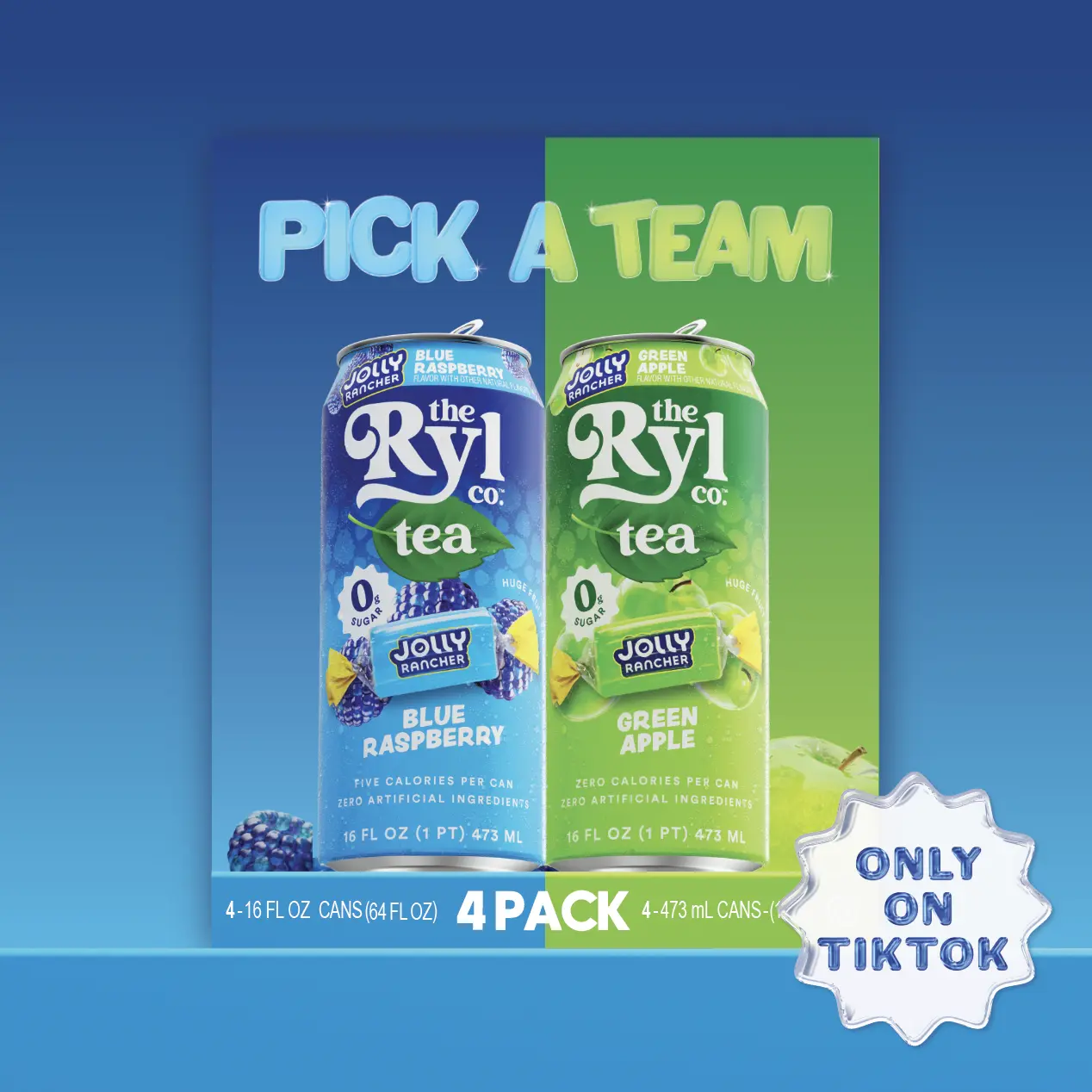 Ryl Iced Tea- Jolly Rancher Variety Pack- Blue Raspberry and Green Apple- 0 Sugar, Antioxidant Superblend, Low Calorie, Low Carb, Non-GMO, Kosher, Gluten Free, Made in the USA, 4-Pack, 16 Fl Oz