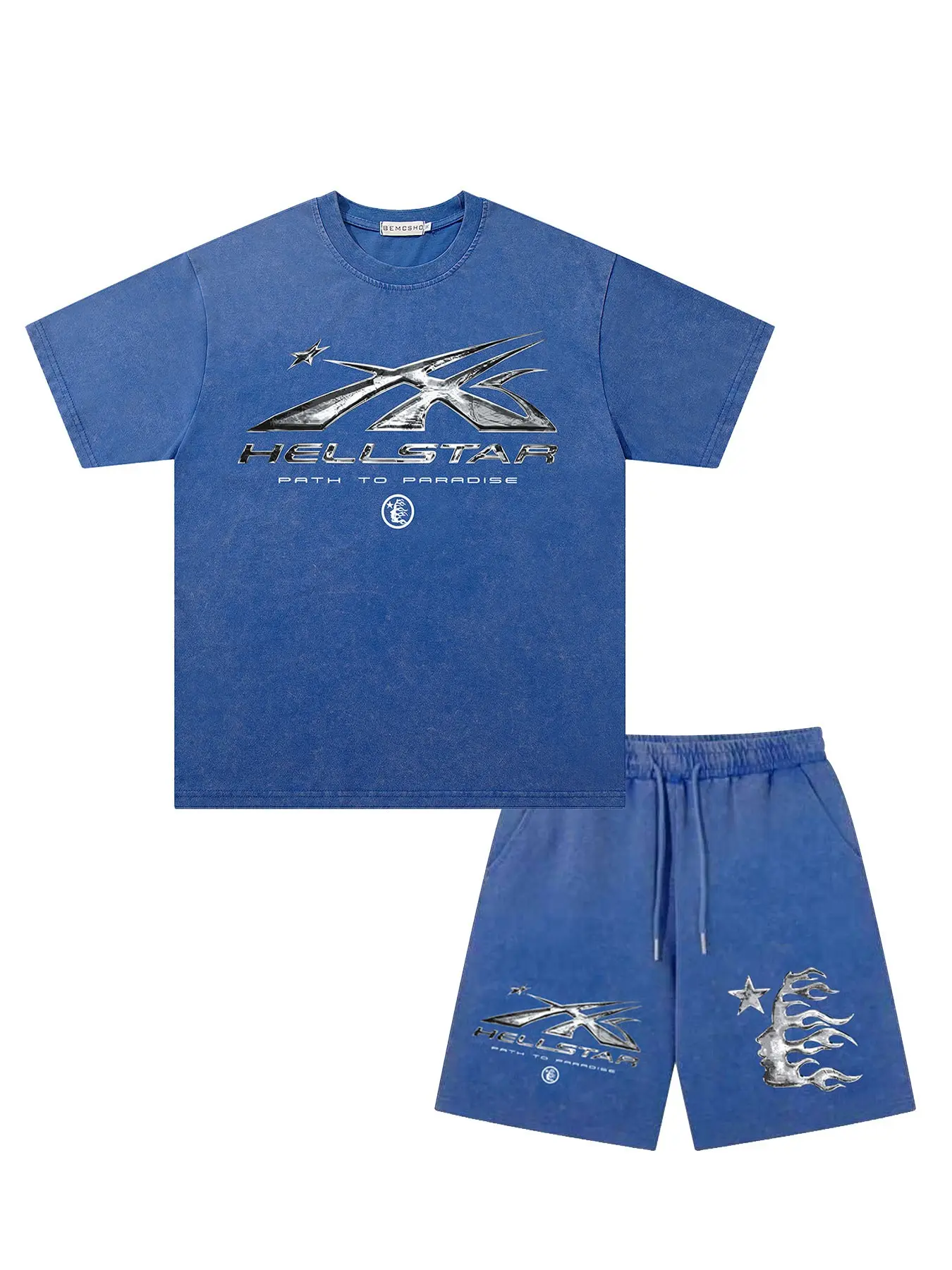 Men's Summer Streetwear Set, Vintage Dark Wash Tie-Dye Graphic Letter Star Flame Tee and Shorts, Casual Fashion Two-Piece Menswear