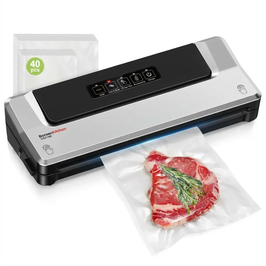 Bonsenkitchen Compact ABS Vacuum Sealer Machine with 40 Bags - Meal Prep, Kitchen Storage Tool with Multiple Modes, External Vacuum System, Reduce Waste, Silver