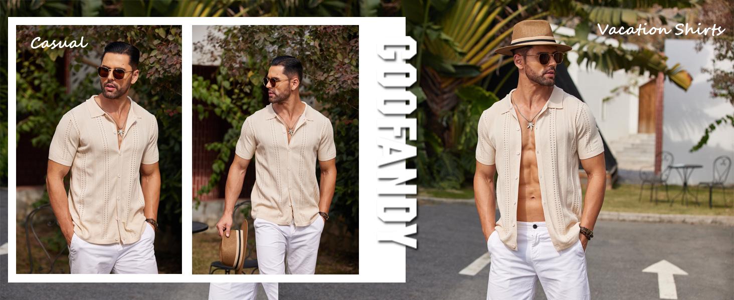 COOFANDY Men's Knit Shirts Short Sleeve Button Down Polo Shirt Fashion Casual Summer Beach Shirts Menswear Top