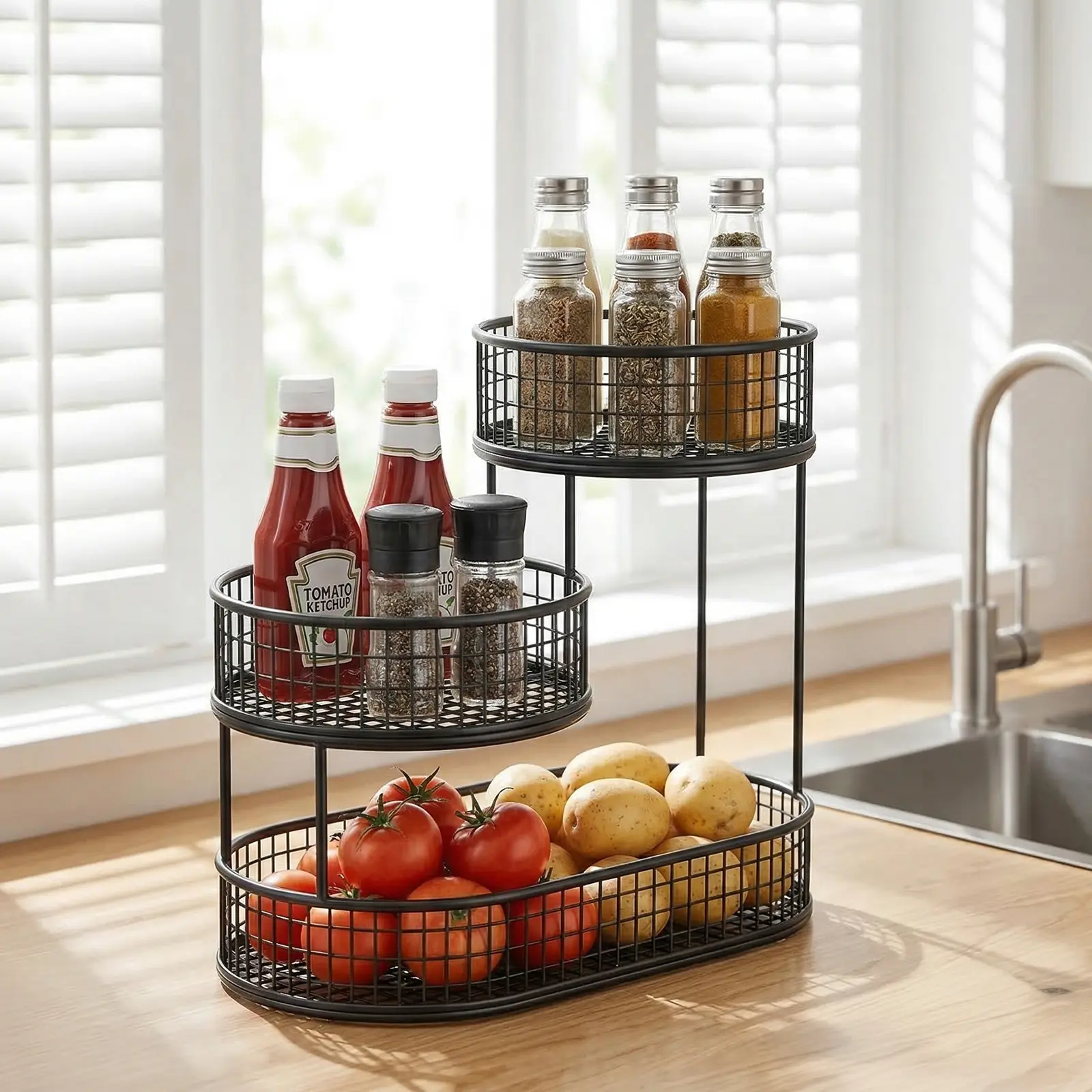 3-Tier Oval Metal Fruit Basket for Kitchen, Compact Space-Saving Portable Countertop Organizer, 3-Level Storage Holder for Fruits, Vegetables