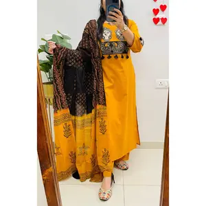 Designer Kalamkari Applique Work Cotton Suit Set