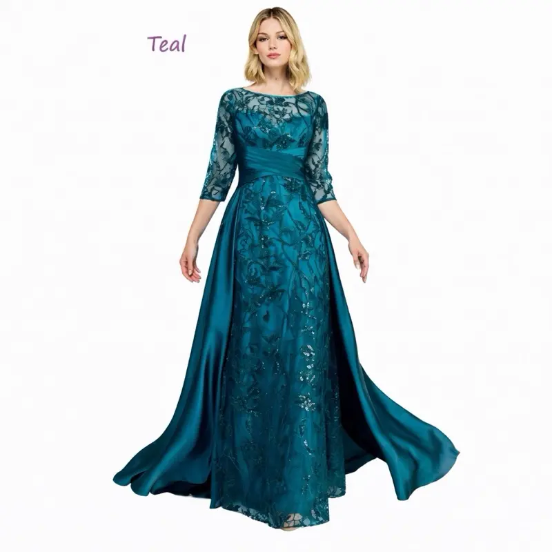 Elegant Lace Embroidered Gown with Overskirt