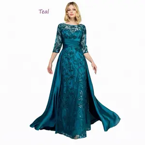 Elegant Lace Embroidered Gown with Overskirt