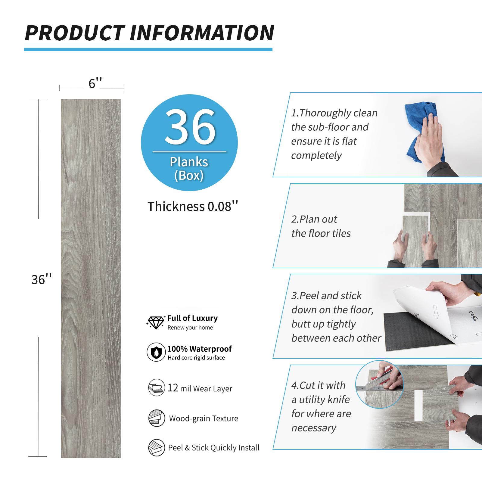 Art3D Peel and Stick Vinyl Floor Tiles 36-Pack Waterproof Durable, Realistic Wood Grain,  Scratch Resistant Surface 36" x 6" x 0.1" (54 sq.ft Total)