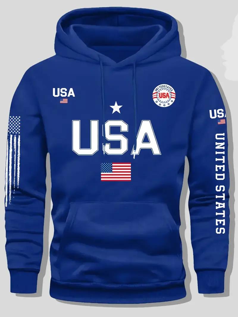 USA flag print hoodie men's fleece sweatshirt, United States letter print unisex casual knit fabric pullover for students and couples fashion hoodie for autumn and winter, 2026spring pullover hooded sports hoodie