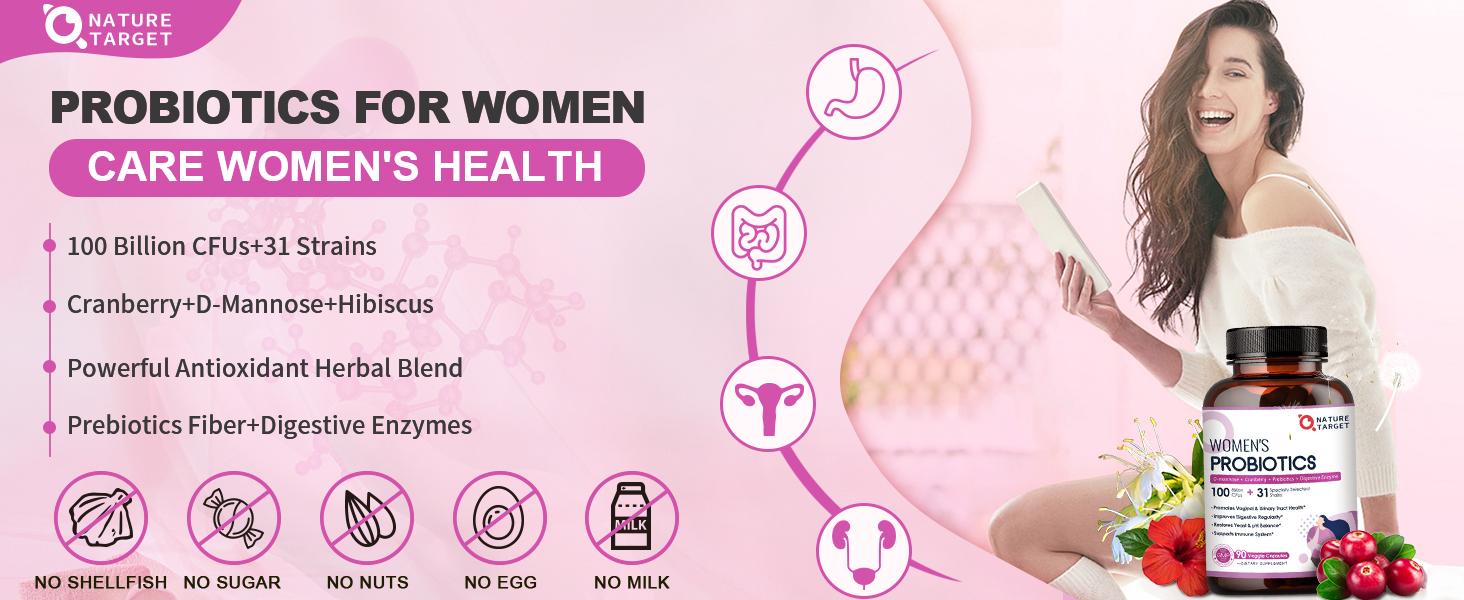 Nature Target Probiotics for Women, 100 Billion CFUs Probiotic with Digestive Enzymes & Prebiotics, Probiotics with Cranberry, Healthcare Supplement Fiber Dietary Fitness Vitamin detox gut cleanse ph balance gummies ph balance gummies detox gut cleanse