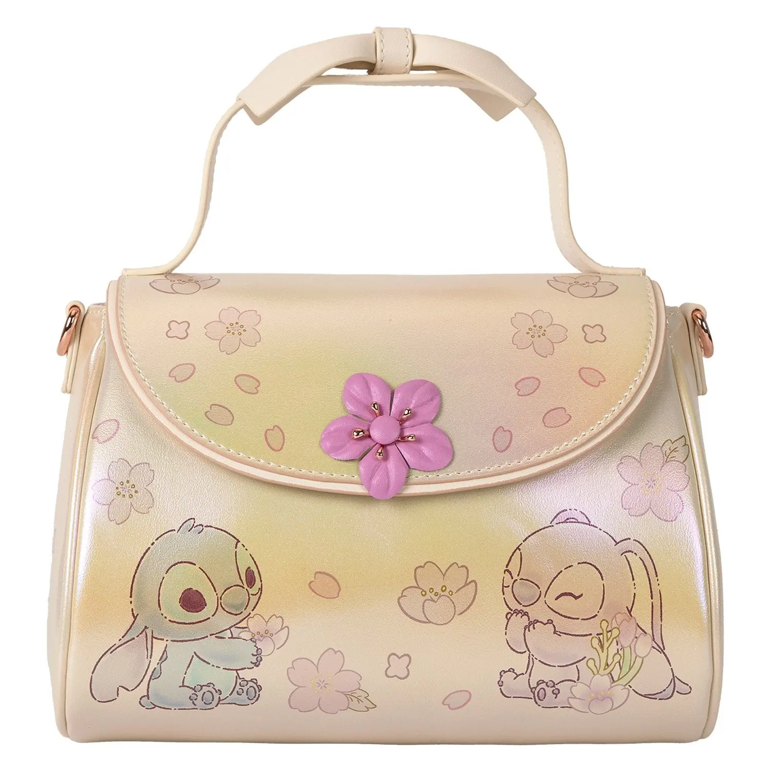Loungefly Disney Stitch & Angel Iridescent Cherry Blossom Casual Crossbody Purse, Faux Leather with 3D Bow Handle, Casual Fabric Purse, Cross Body Bags, Cherry Decorated Handbag, Fashion Crossbody Handbag, Floral Embossed Handbag