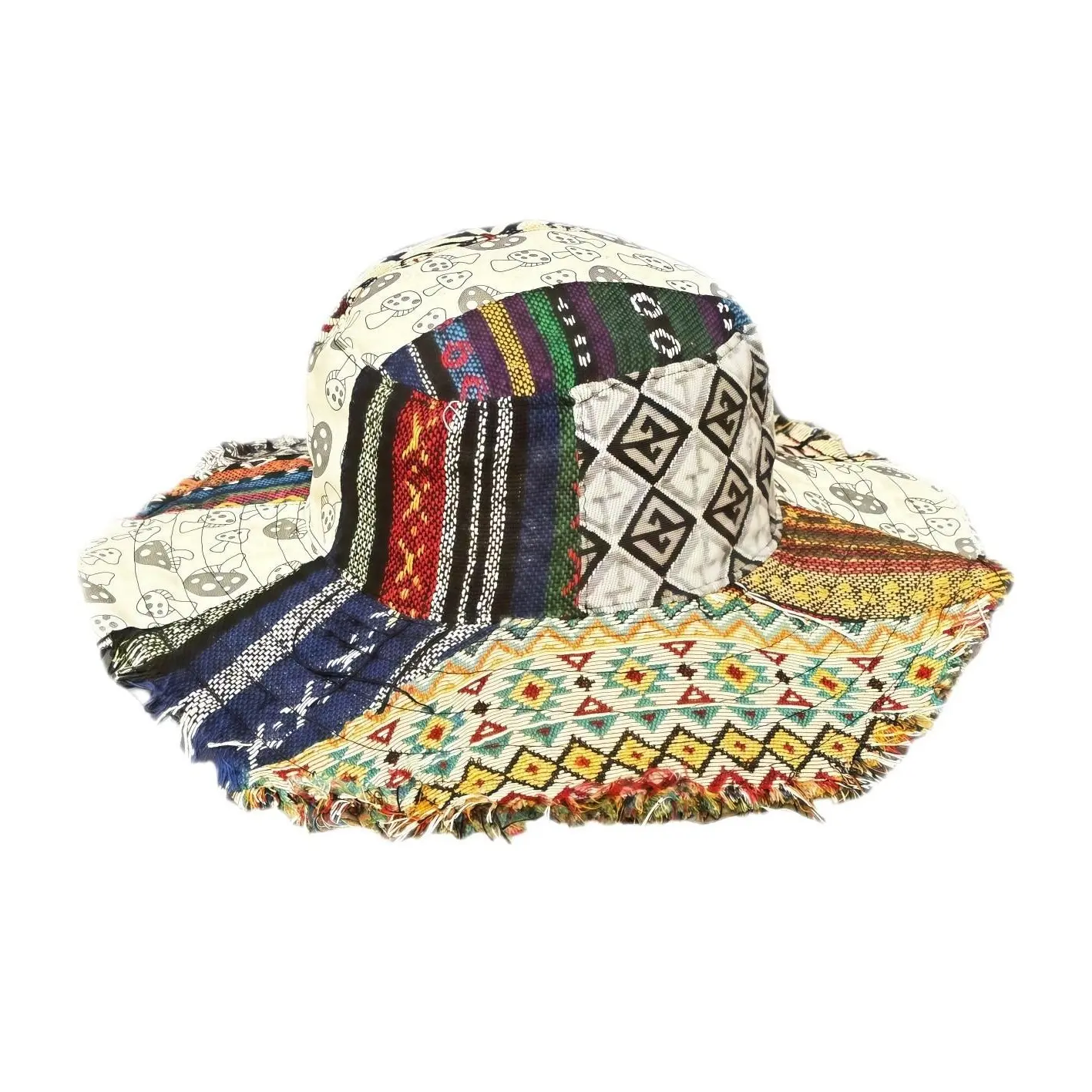 Boho Patchwork Fringe Wide Brim Bucket Hat for Men Women, Ethnic Geometric Jacquard Foldable Sun Hat Hippie Vintage Beach Travel Outdoor UV Protection Fisherman Cap