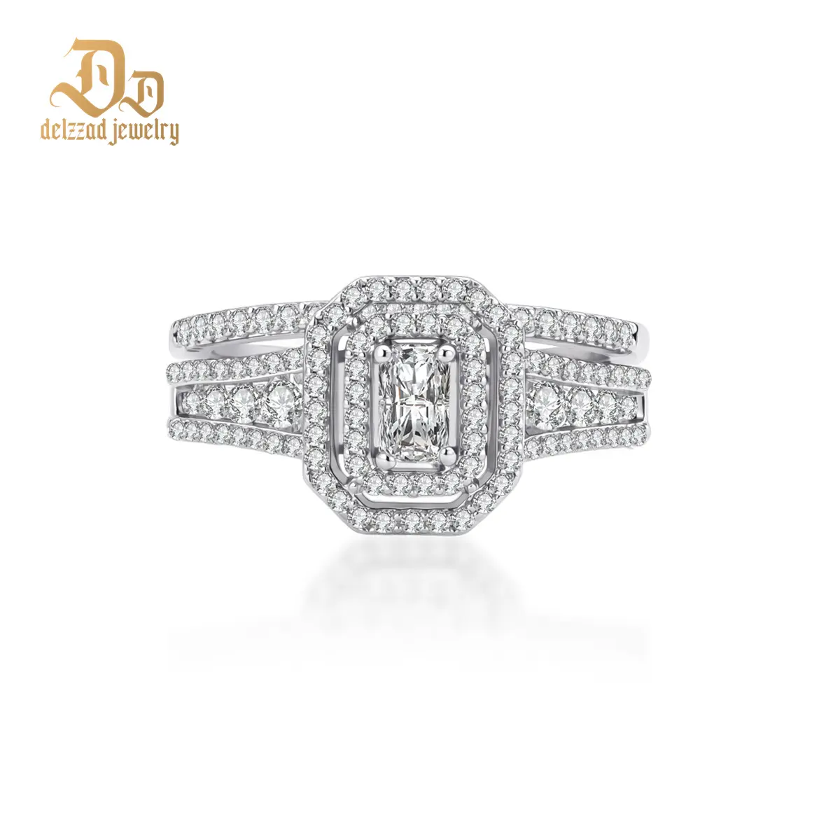 Delzzad 14K Gold-Plated 1.3ct Imperial Halo Band Double Halo Engagement Ring Luminous Theater Ring Heirloom Wedding Ring VVS Synthetic Moissanite Ring Jewelry Perfect Engagement Wedding Anniversary Christmas Gift