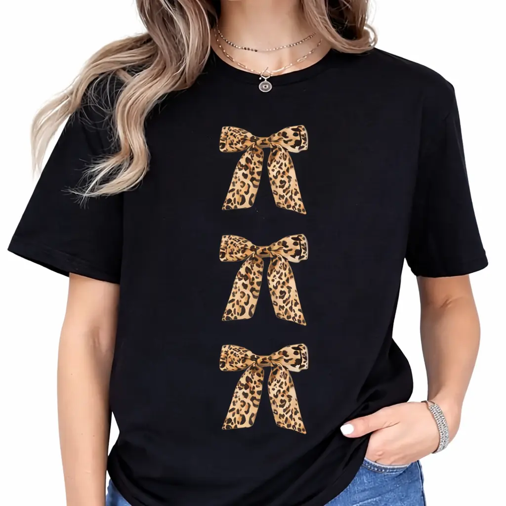 Women's Leopard-Bow Print Short-Sleeve T-Shirt , Loose Versatile, Breathable, Comfortable Round Neck Tops, Fit for Commute, Shopping Wear, Shortsleeve, Tshirt, Bow Print Women's T-Shirts, Leopard Print Motif Women's T-Shi