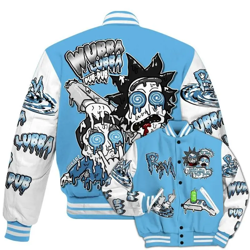 Melo 12s Match Varsity Jacket, Wubba Rick Drip Printed Baseball Jacket, Baseball Style Jacket, Varsity Sportwear, Modern Street Fashion
