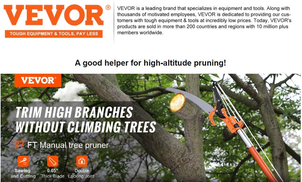 VEVOR Manual Pole Saw, 7.3-27 ft Extendable Tree Pruner, Sharp Steel Blade and Scissors High Branches Trimming, Branch Trimmer with Lightweight 8 Fiberglass Handles, for Pruning Palms and Shrubs VEVOR Manual Pole Saw, 7.3-27 ft Extendable Tree Pruner, Sharp Steel Blade and Scissors High Branches Trimming, Branch Trimmer with Lightweight 8 Fiberglass Handles, for Pruning Palms and Shrubs