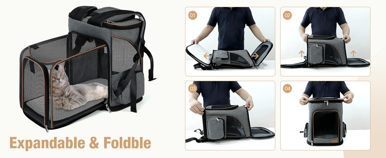 Cat Backpack Expandable Pet Carrier Backpack for Small Cats and Dogs, Airline-Approved Foldable Dog Carrier Backpack with Inner Safety Leash, Grey