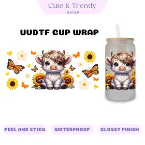 HIghland Cows WHITE permanent uvdtf cup wraps for 16oz cups dtf transfer