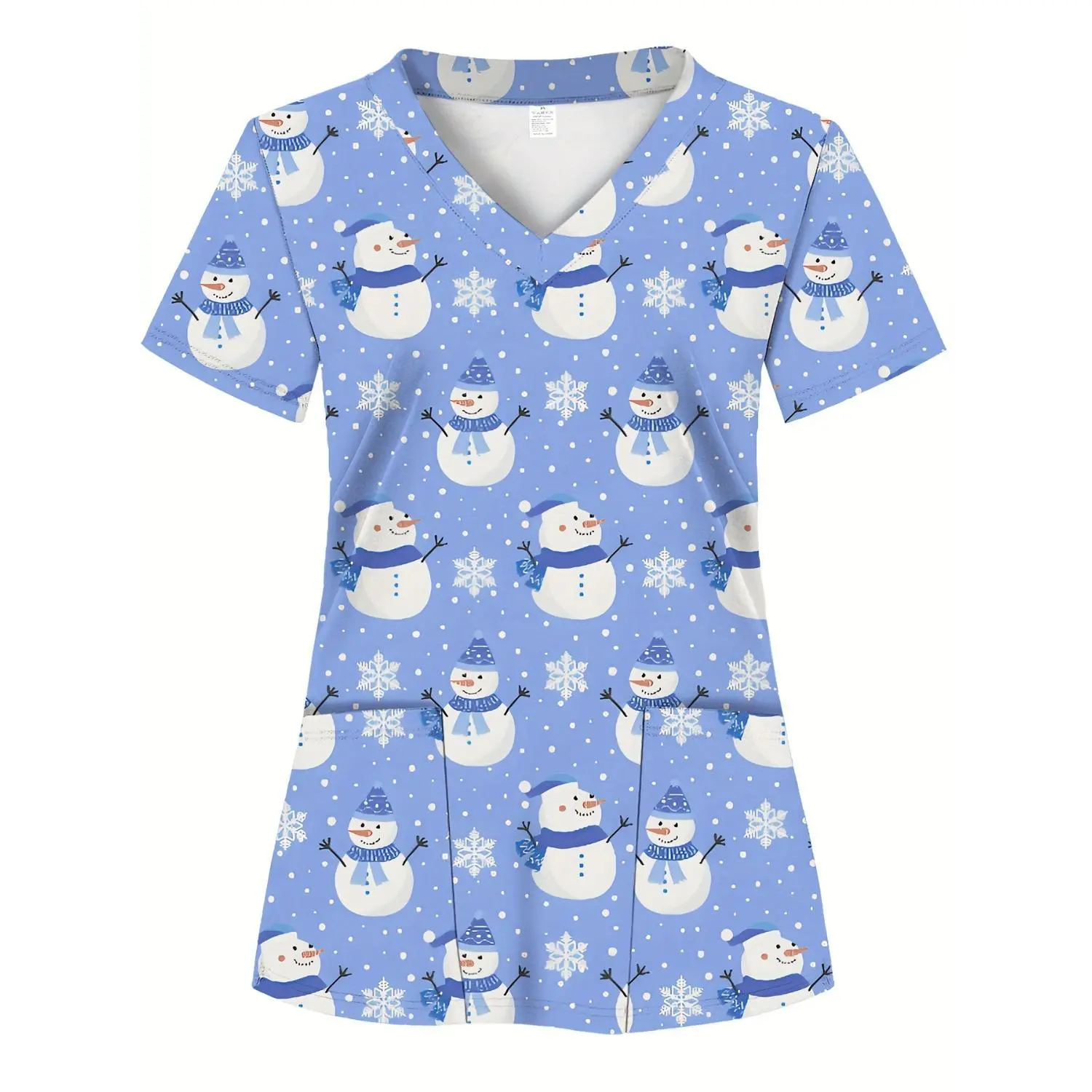 Light Blue Women's Scrubs Uniform - Soft & Breathable Nurse Workwear with Snowman and Snowflake Print, Functional Pockets - All-Season Healthcare Clothing for Hospitals, Clinics & Nursing (Machine Washable)