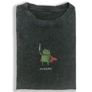 Huzzah Frog with Sword Vintage Crew Neck T-Shirt Unisex Casual Comfort Breathable Cotton Fabric Perfect for Daily Wear Funny Short Sleeve Top for Fashion Men & Women091103