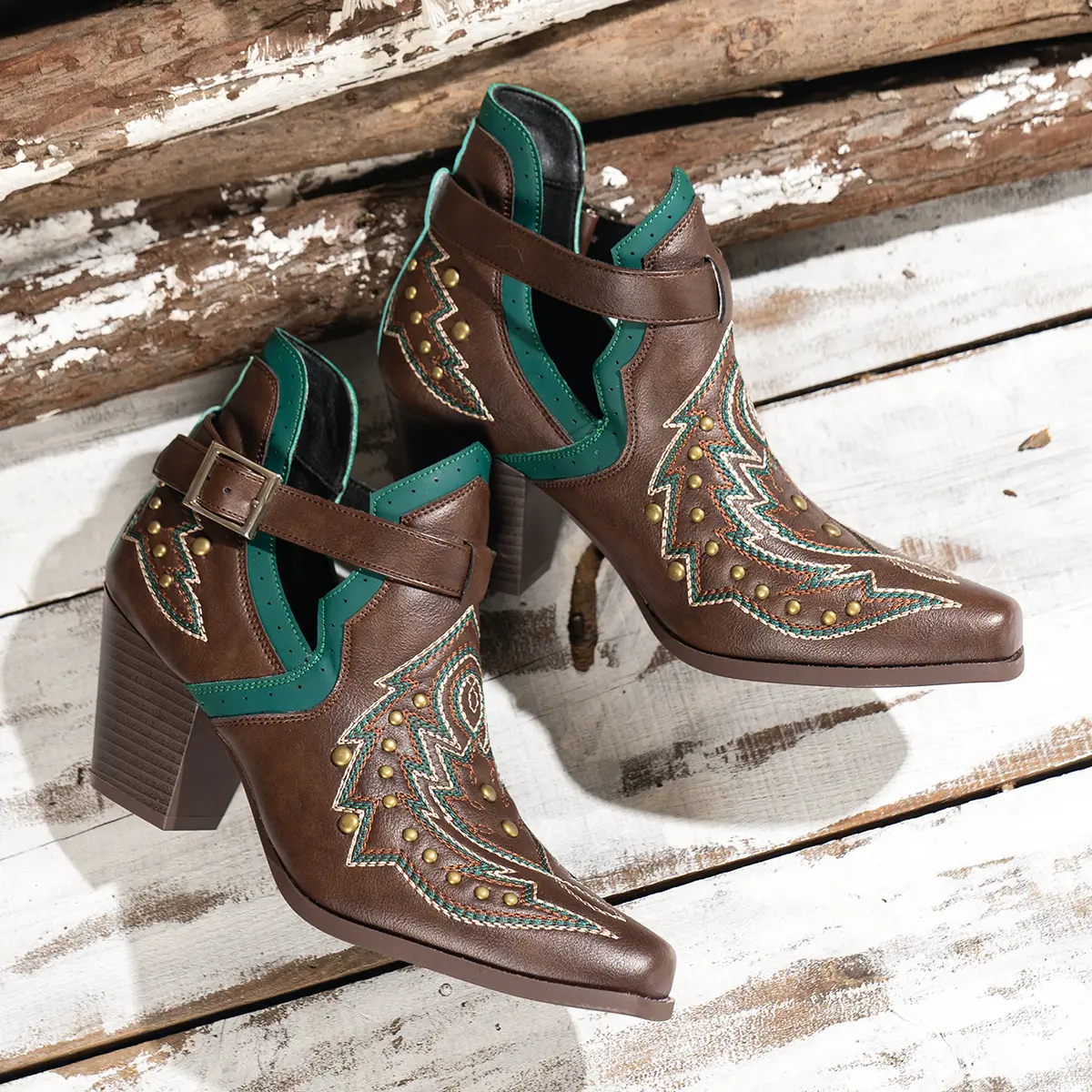 Cowgirl Vibes! Black Studded Western Boots | Chunky Heel Pointed Toe Ankle Boots