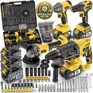 4-in-1 Brushless Cordless Power Tool Set: Electric Rotary Hammer,Cordless Drill, Cordless Angle Grinder & Impact Wrench - Heavy Duty Combo Kit with 3x 4.0Ah Batteries for Construction, Automotive Repair & Metal Fabrication,Perfect Tools Set for DIYers