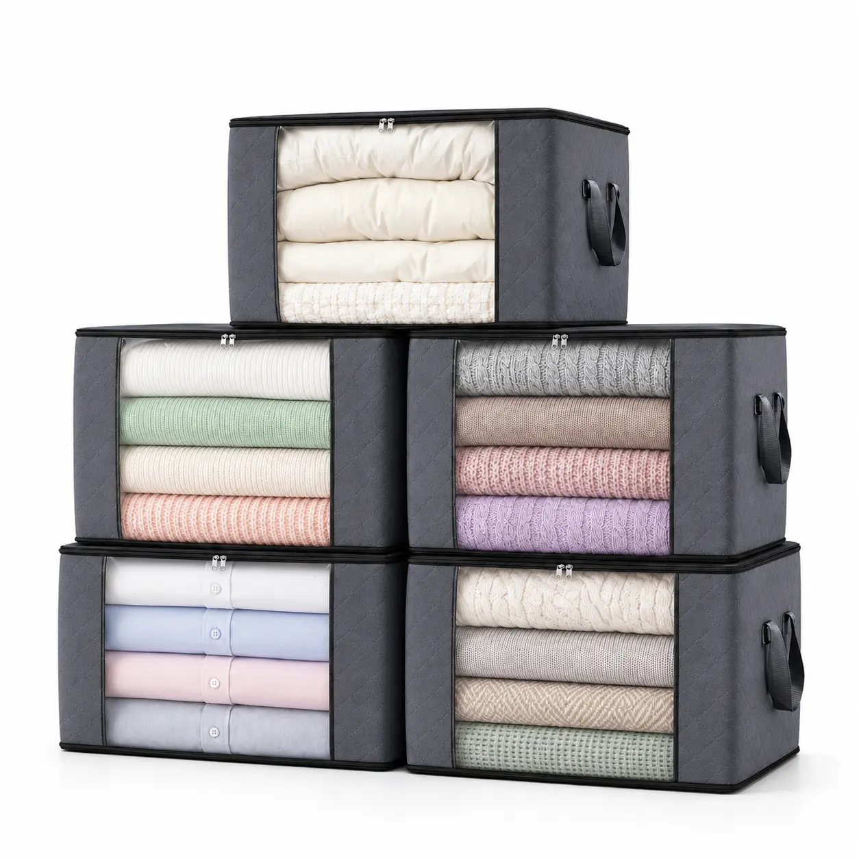 5-Piece Foldable Storage Boxes with Lids, Zippers & Clear Transparent Windows, Fabric Clothing Organizers for Wardrobe, Portable Storage Bags for Clothes, Blankets and Bedding