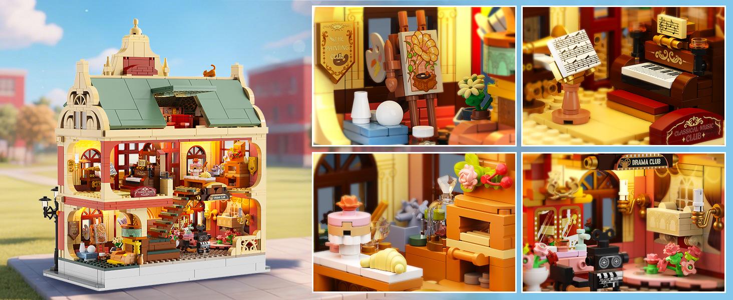 University Club House Building Set with Light,1629PCS City Campus Architecture Model with Painting Drama Baking Music Club, Home Decor Construction Building Block Gift for Adults Boys Girls 12+ University Club House Building Set with Light,1629PCS City Campus Architecture Model with Painting Drama Baking Music Club, Home Decor Construction Building Block Gift for Adults Boys Girls 12+