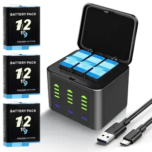 Battery Charger Kits for GoPro Hero 12 11 10 9 Black, 3-Pack 2000mAh Replacement Batteries + Triple Charge Case with Type-C Charging Cord for Go Pro 12 11 10 9 Batteries Accessories