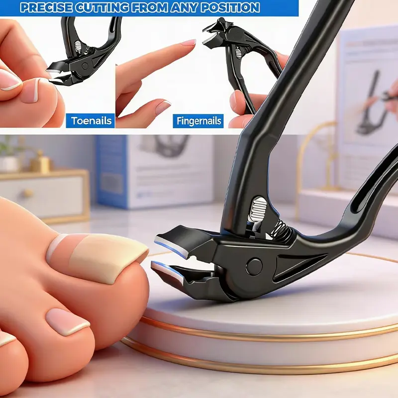 Long-handled nail clipper/scissors for trimming nails without bending—wide mouth suitable for thick, hard nails common among seniors; angled head with switch; long handle grip makes manicuring easier; suitable for elderly men and women; splash guard; blac