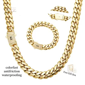[New Upgraded Set] 14K Gold-Plated Cuban Necklace & Bracelet The latest electroplating gold-plating process for rust prevention 6mm/8mm/10mm/12mm/14mm Technology Waterproof Sweatproof Perfect Gift