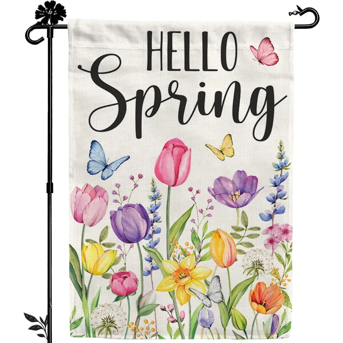Cottage Bohemian Double-Sided Watercolor Flag (12x18in) - Tulip Butterfly Garden Banner, Bright Pastel Blooms Decor for Patio, Porch Home Yard Entryway