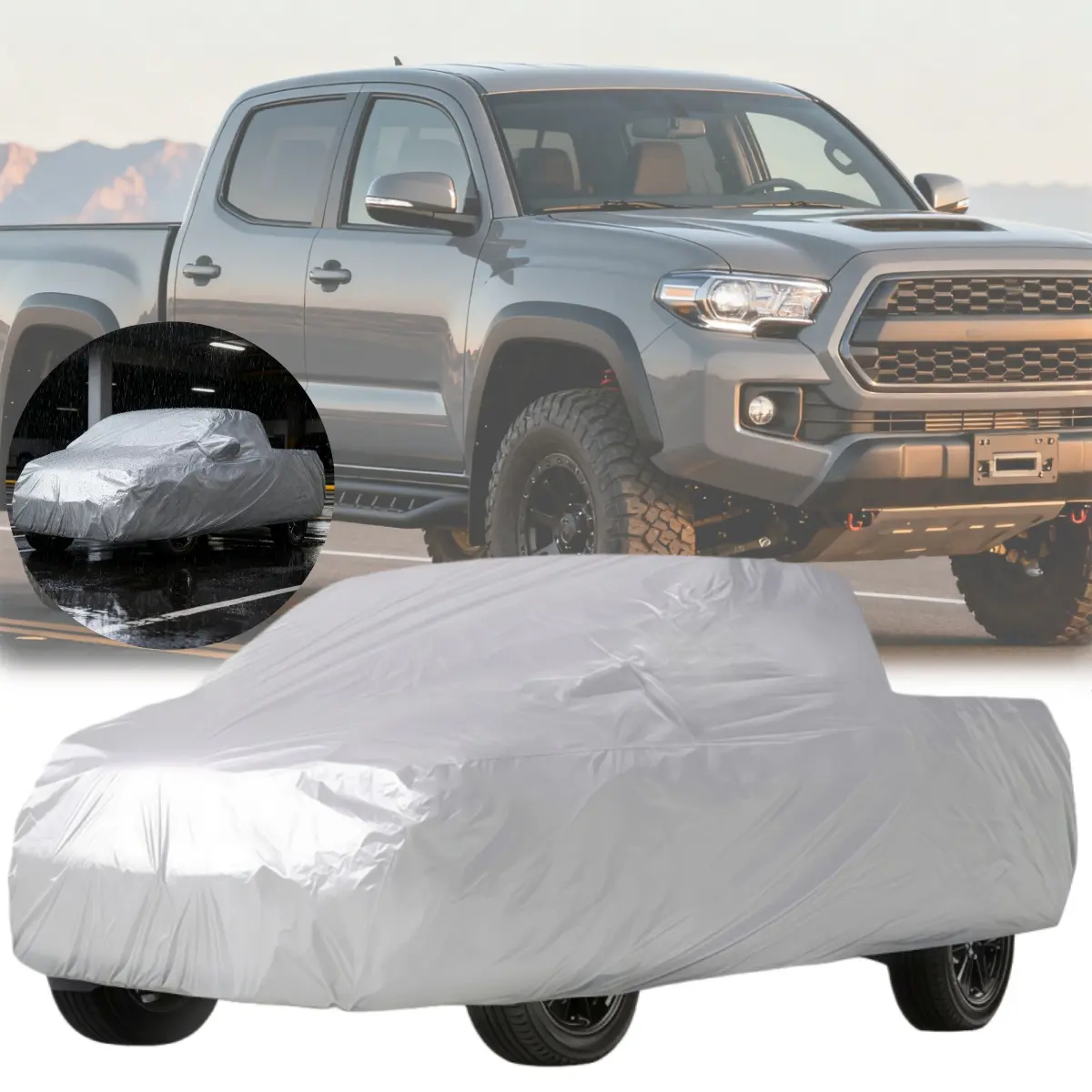For Toyota Tacoma 6 Layers Heavy Duty Pickup Truck Cover, 170T Polyester Taffeta Full Coverage Silver Cover, All Weather Waterproof UV Snow Rain Dust Protection Outdoor Car Cover, Dust Resistant Outdoor Protective Cover