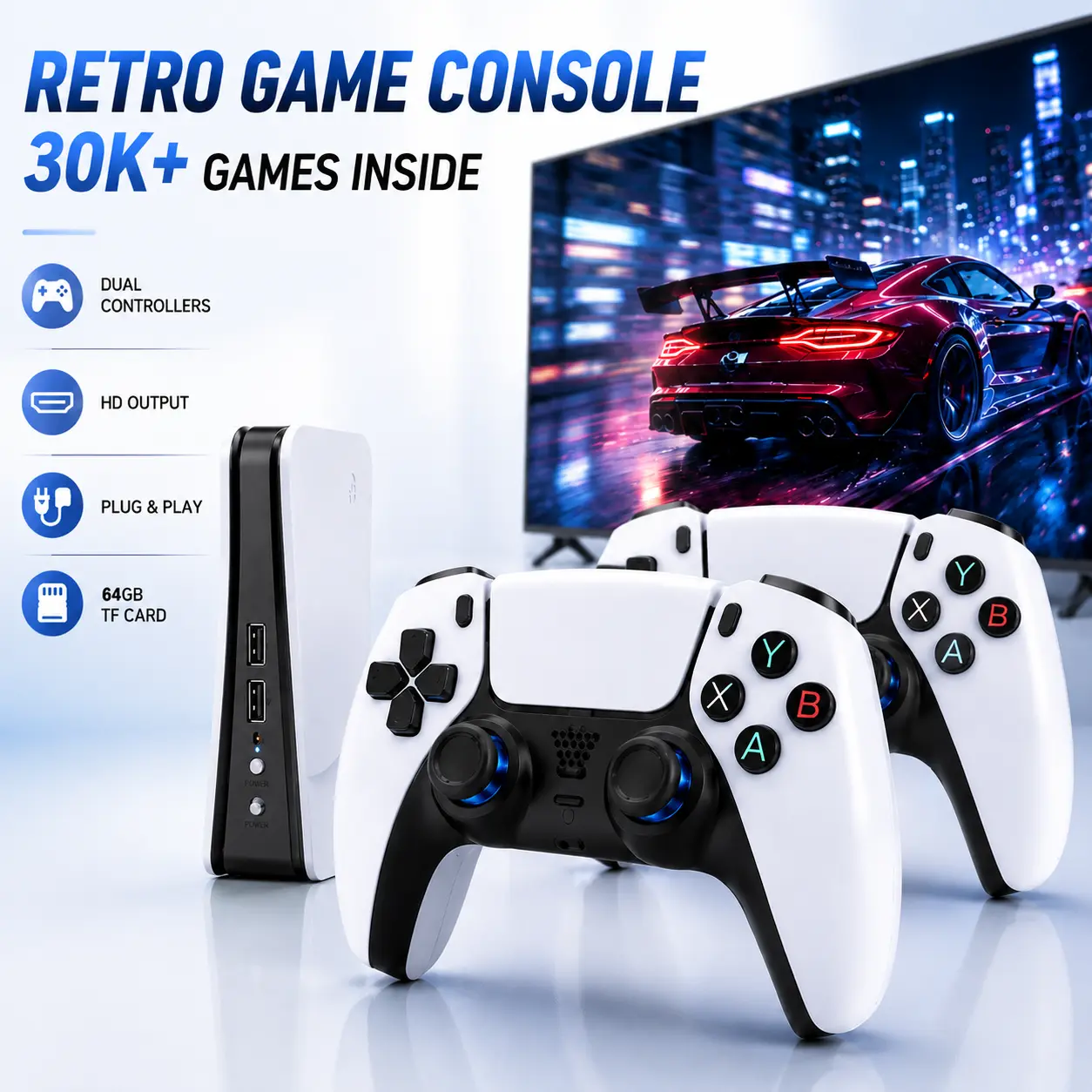 Retro Game Console with 2 Wireless Controllers, Built-in 30K+ Games, HDMI HD Output, Plug & Play Classic Gaming System tv compatible