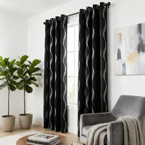 Wave Pattern Curtains 2 Panels 95% Blackout, Foil Print Wave Texture Drapes with Noise Reduction & Thermal Insulation, Room Darkening Window Treatments for Living Room, Bedroom, Patio & Sliding Glass Doors
