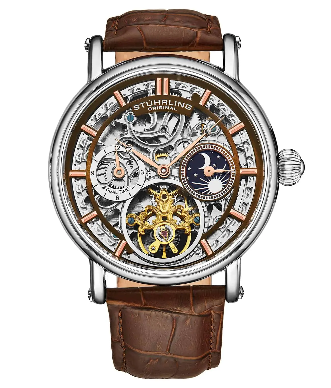 Stührling Macrocosm 4000 Unisex Automatic Mechanical Round Luxe Skeleton Wrist Watch - 43mm Dial, Dual Time, Self-Winding, Alloy Case, Fashion Bezel Analog Accessory, Luxe Skeleton Wrist Watches