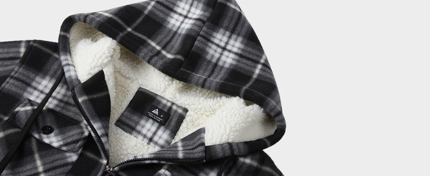 ZITY Men's Fleece Shirt Jacket Wool Sherpa Lined Plaid Design Full Zip Hoodie Winter Coat with Hood and Pockets Classic Style Warm Comfortable Menswear Long Sleeve Checked Garment Tops - Casual