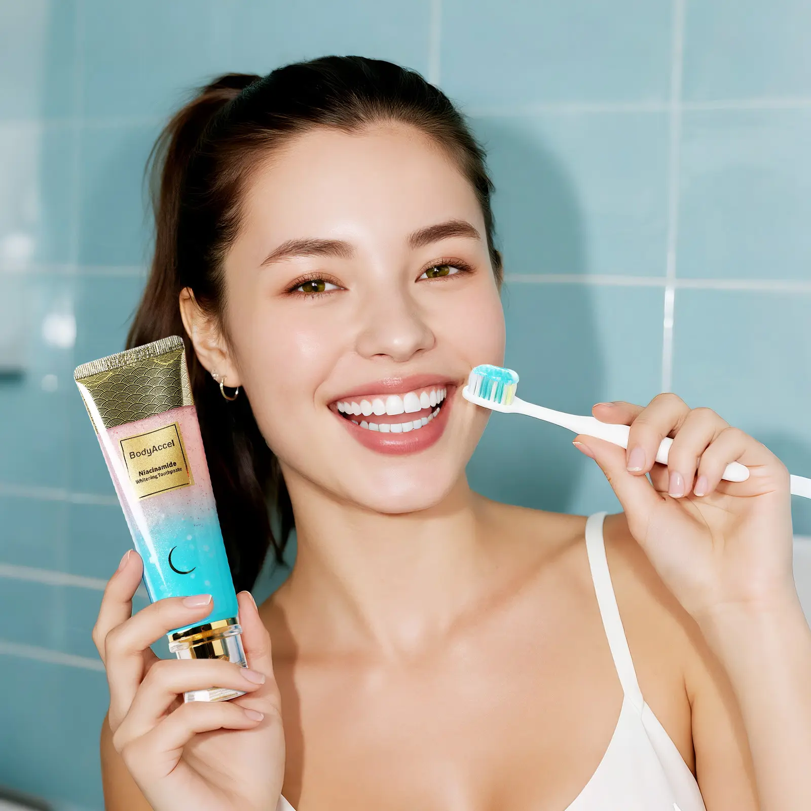 【BodyAccel】 Niacinamide Whitening Toothpaste - Fast Acting Formula with Peach Extract & Mint for Sensitive Teeth - Eco Friendly & Fluoride Free - 100g #backtoschool