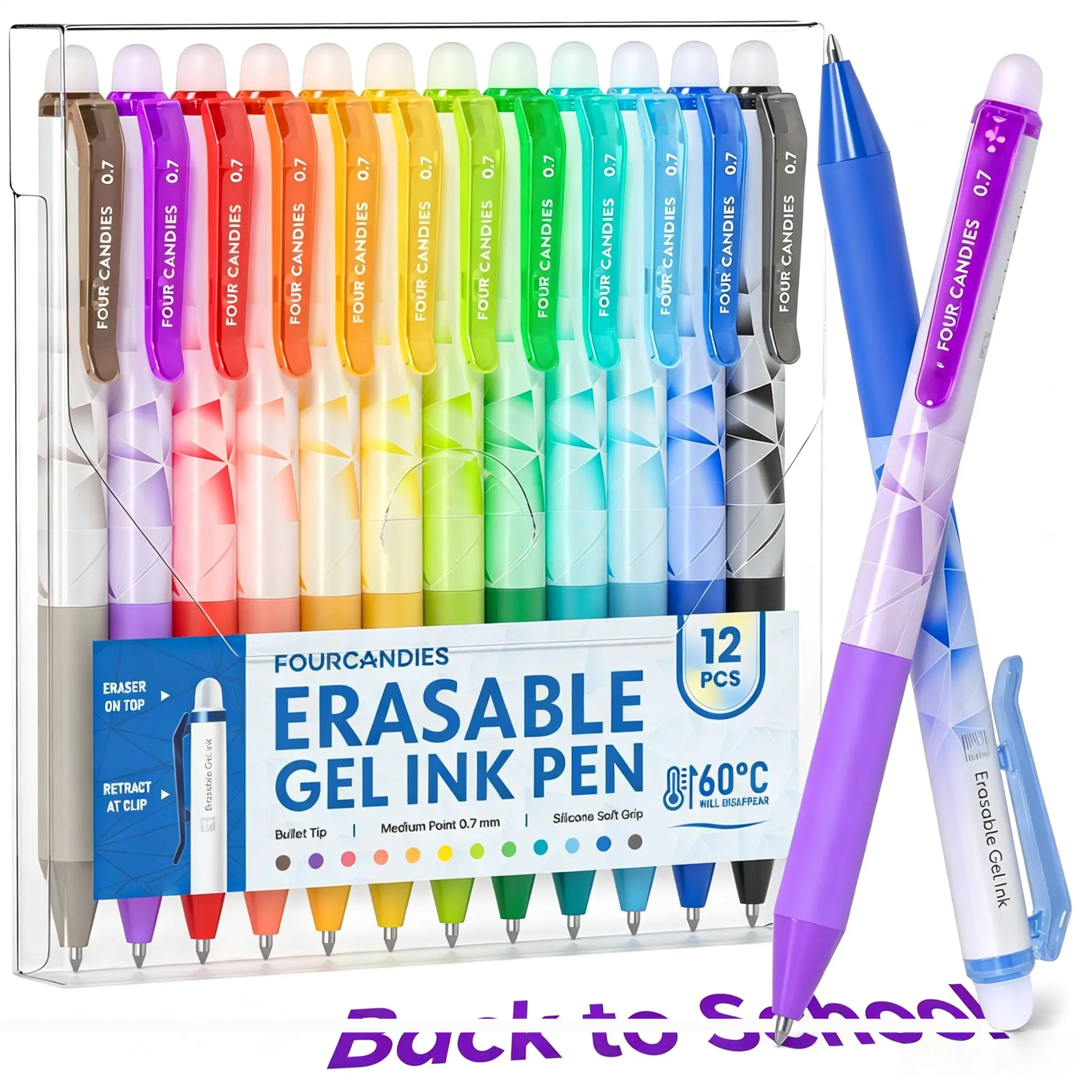 【Buy 1 Get Gift】Four Candies Girly Erasable Gel Pens,Retractable 0.7mm Medium Point with Eraser,Smooth Writing & Superior Ink,Perfect for Journaling,Planner & Drawing,Holiday Gift Ready, fun desk supplies back to school shopping Colorful Markers