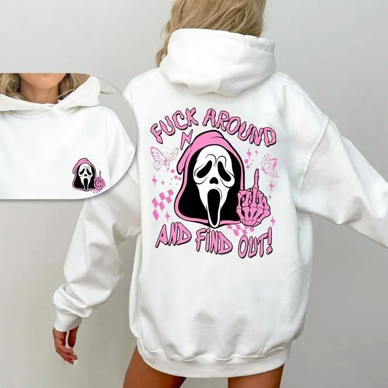 Scream Skeleton Spooky Fck Around And Find Out Sweatshirt, 2 Side Halloween Ghost Face Hoodie, Fall Tee, Coffee Lover Fall Tee, Halloween Casual Sweatshirt Hooded Outfiter Gift For Best Friend HusBand Wife