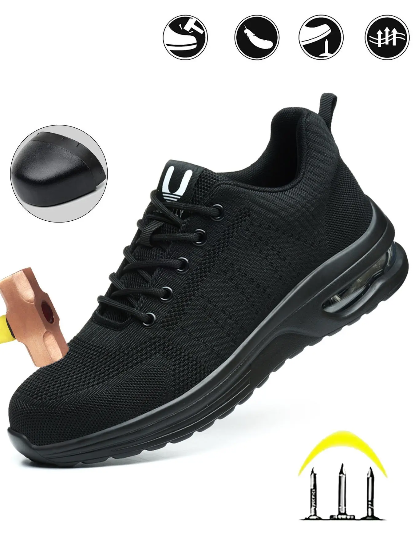 Men's Casual Lace-Up Low-Top Steel Toe Protective Work Shoes, Working Shoes, Safety Work Footwear, Lightweight Breathable Anti-Puncture Air Cushion Safety Trainers for Daily Wear
