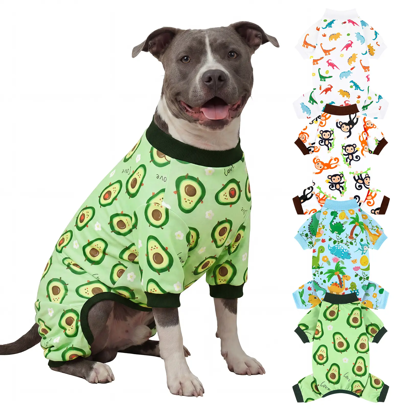 XPUDAC 4-Piece Breathable Cloth Dog & Cat Costume, Soft Universal-Fit Sleepwear with Playful Avocado Monkey Dinosaur Prints, Skin-Safe Apparel with Elastic Legs & Pull-On Ease for Summer